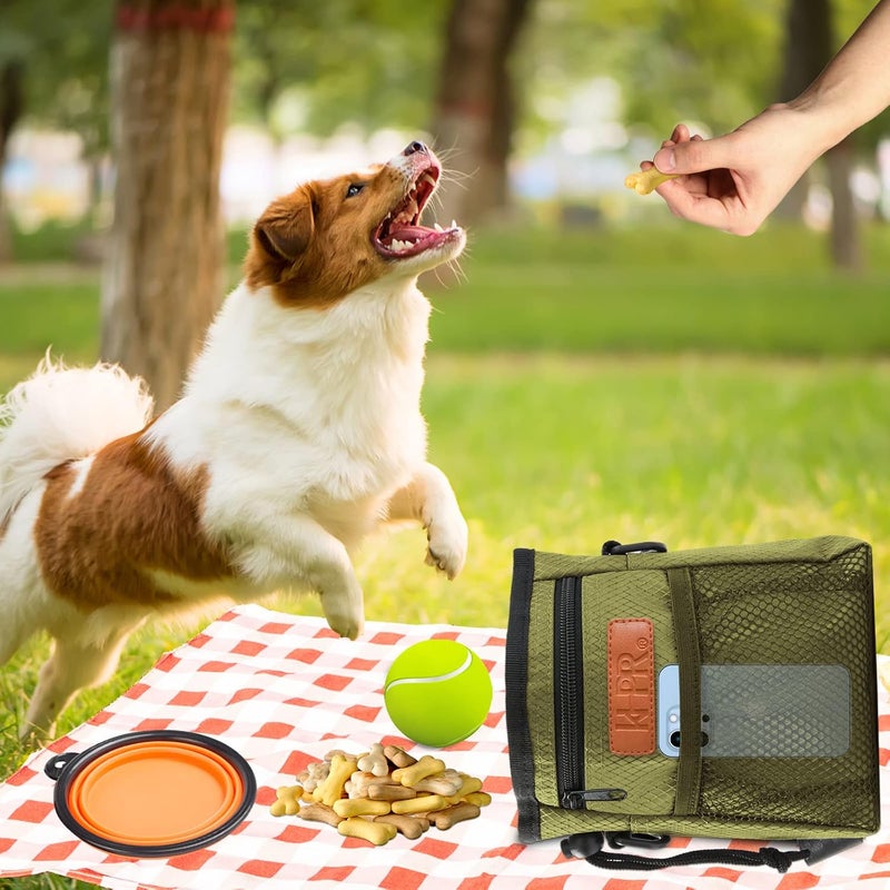 KHPR Dog Treat Training Pouch Easily Carries Pet Toys Kibble, Treats Built-in Poop Bag Dispenser 3 Ways to Wear Comes with a Foldable Silicone Bowl(Army Green) - Image 3